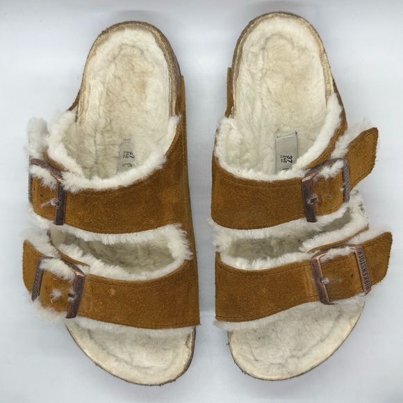 Birkenstock Arizona Shearling Suede Leather Sandals Brown Size 37 - Picture 5 of 11